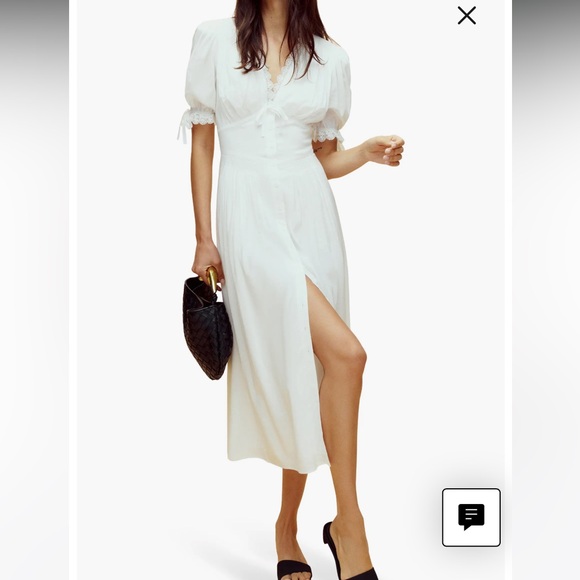 new Reformation Ketra puff sleeve button up lace trim midi dress in white cotton - Picture 5 of 11